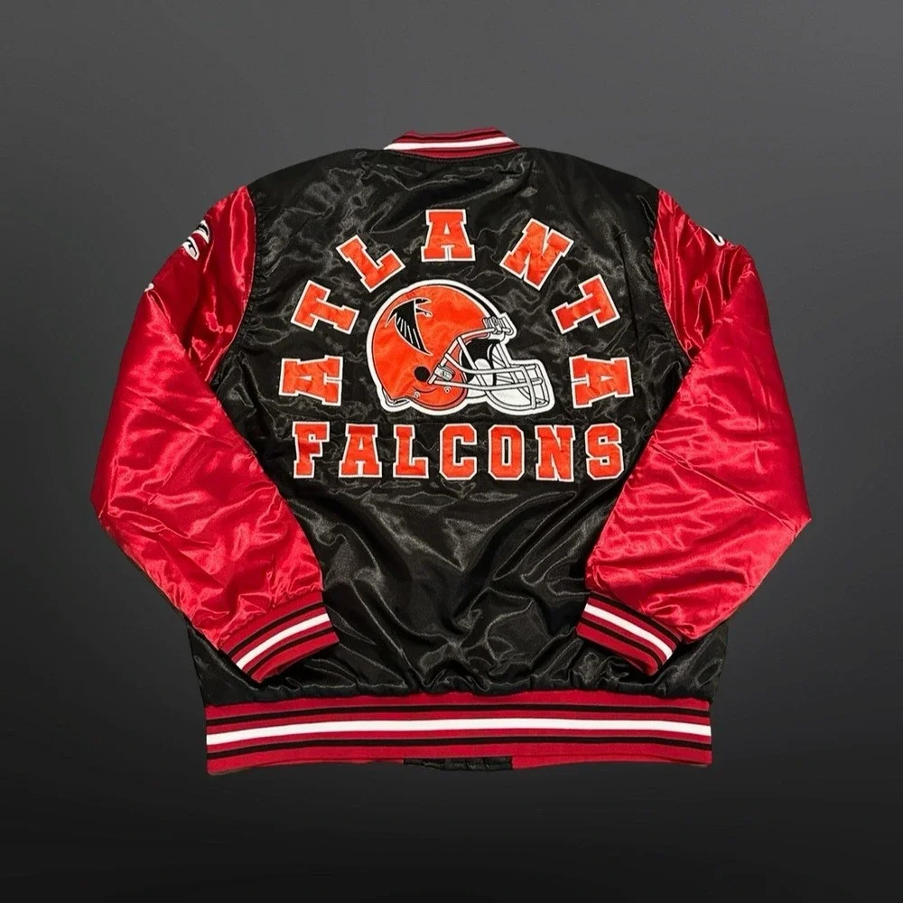 Atlanta Falcons Jacket Mens Small Black Red Satin Varsity Bomber Coat Retro NFL - Picture 2 of 7